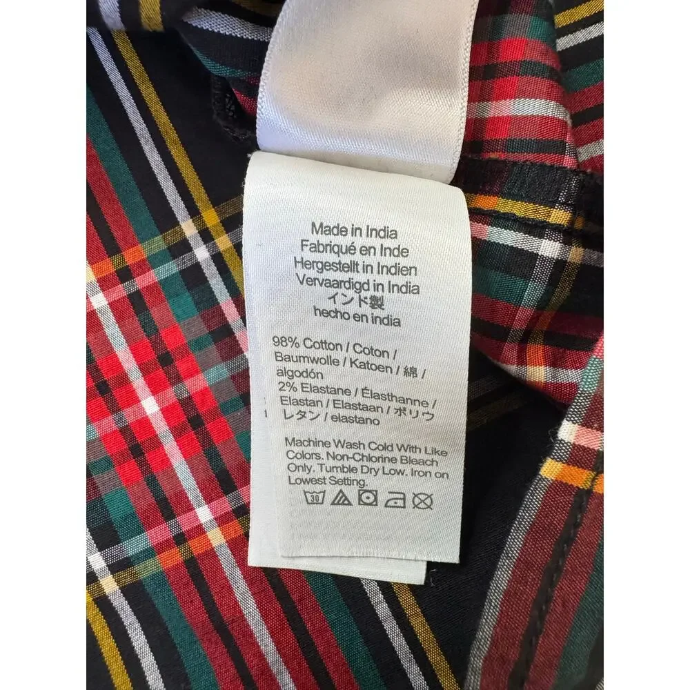 J.CREW Tartan Plaid Poplin Puff Sleeve Top Size Medium Red Black Green Yellow